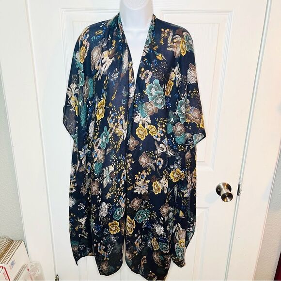 Marcus Adler Floral Kimono Shawl Midi Cardigan Navy Blue Yellow Multicolor OS - Picture 5 of 9